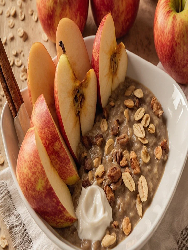 Apple Cinnamon Oatmeal Bowl 5 A hearty bowl of Apple Cinnamon Oatmeal topped with apples and cinnamon.