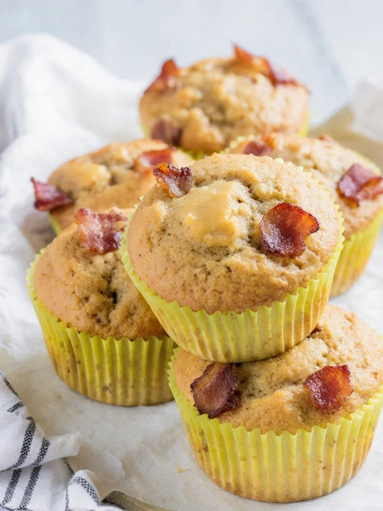 Bacon cheddar breakfast muffins on a rustic wood table.
