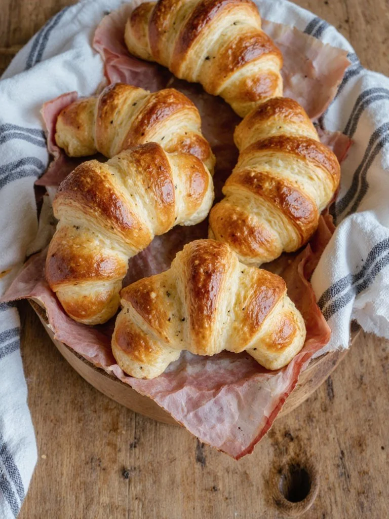 Baked ham and cheese croissants fresh out of the oven on a wooden board