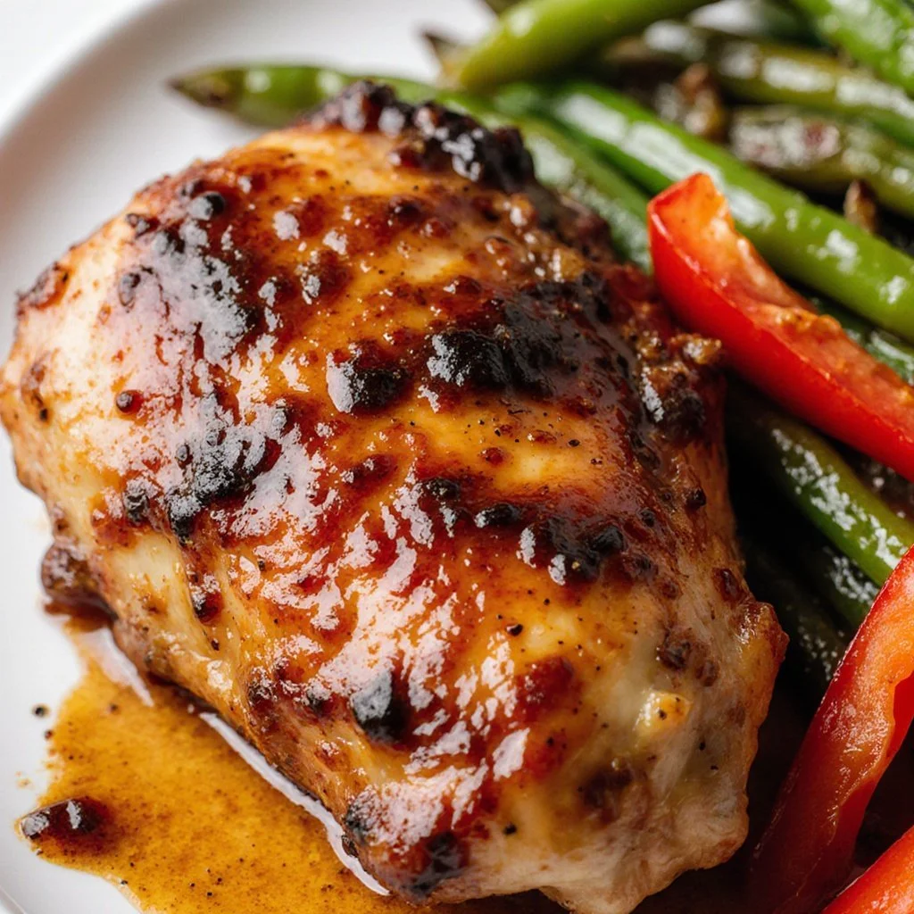 Balsamic baked chicken breast served with vegetables on a plate
