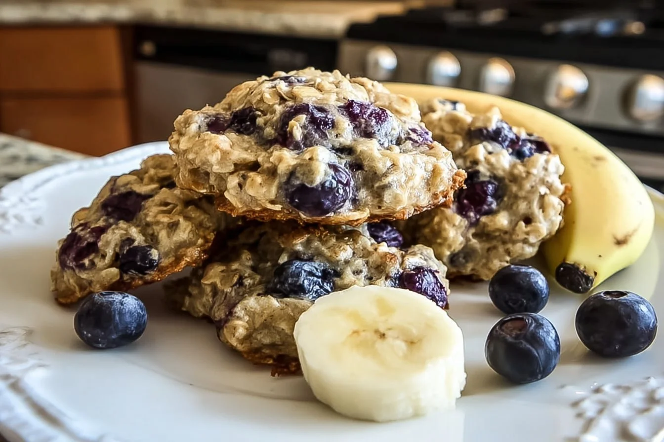 Delicious Banana Blueberry Breakfast Cookies stacked on a plate.