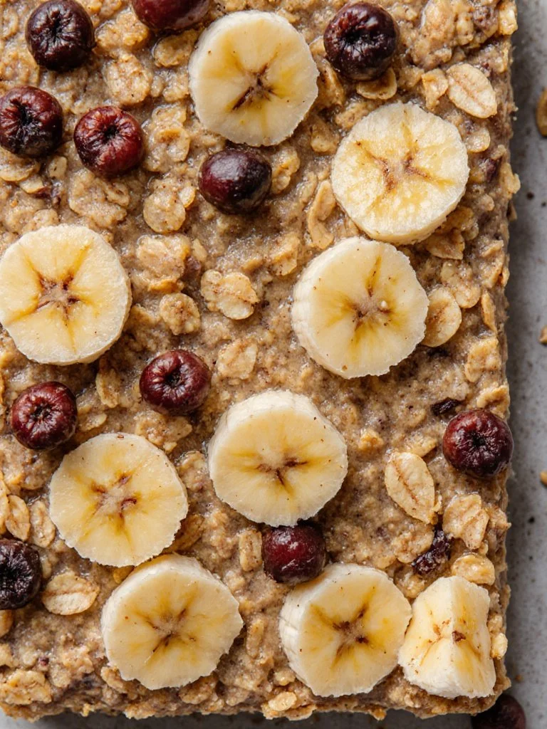 Banana oatmeal meal prep breakfast bars on a wooden table