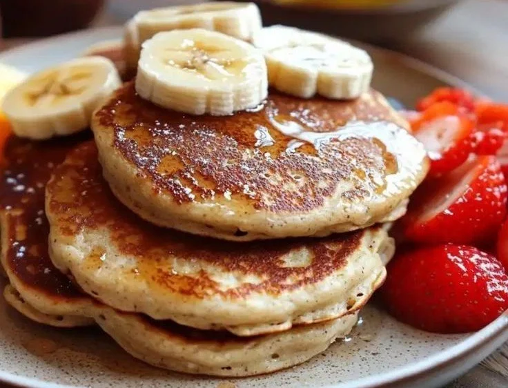 Delicious banana oatmeal pancakes served on a plate with syrup and fresh fruit.