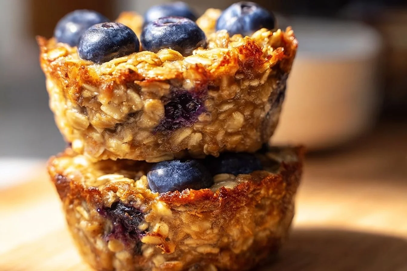 Blueberry banana baked oatmeal cups on a wooden table.
