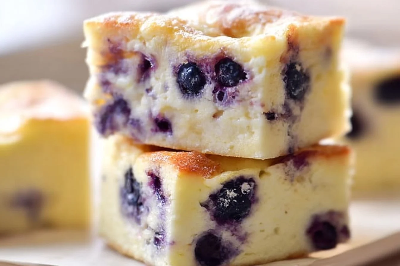 Blueberry Cottage Cheese Breakfast Bake served in a dish with fresh blueberries.