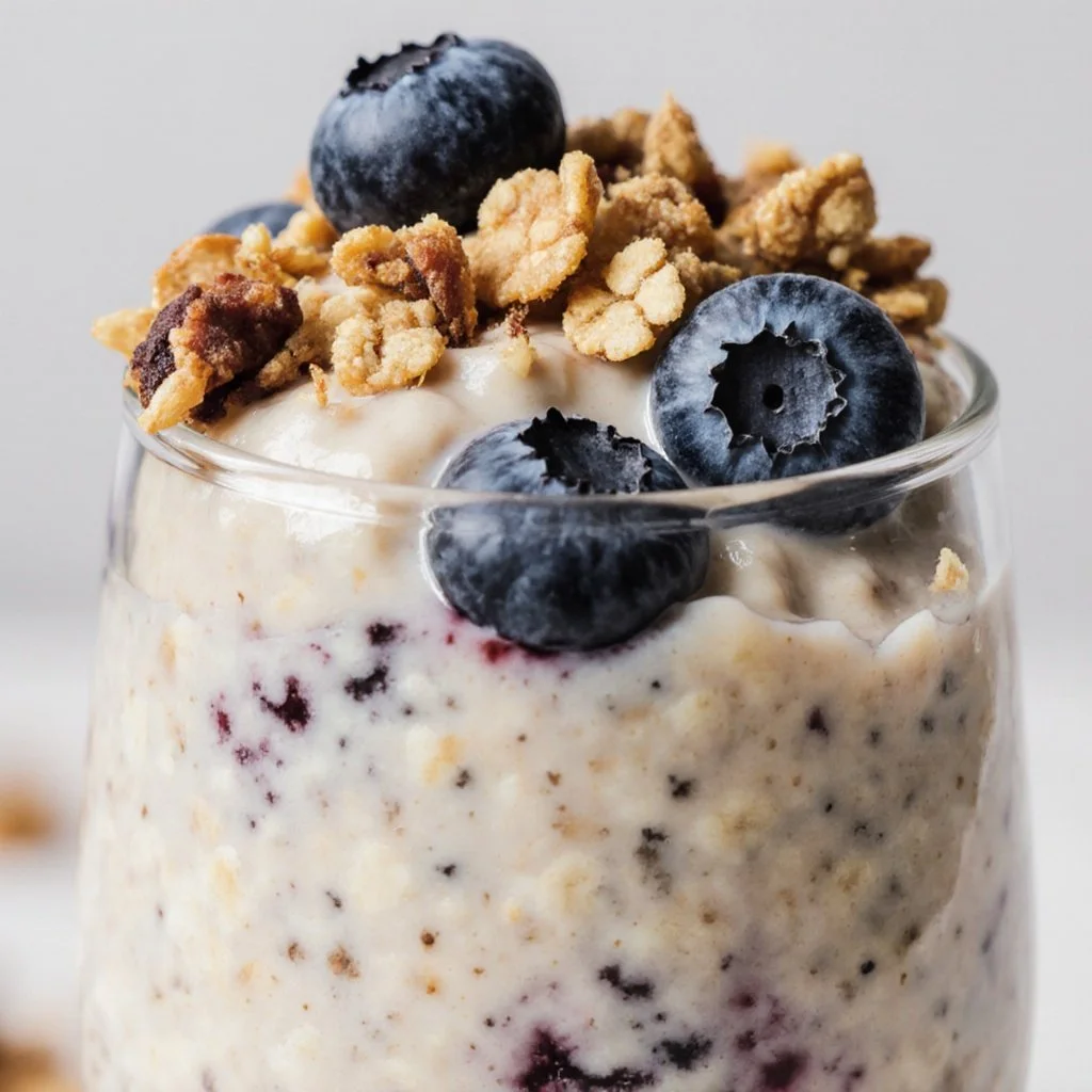 Blueberry Pie Overnight Oats 4 Blueberry Pie Overnight Oats served in a bowl with fresh blueberries on top