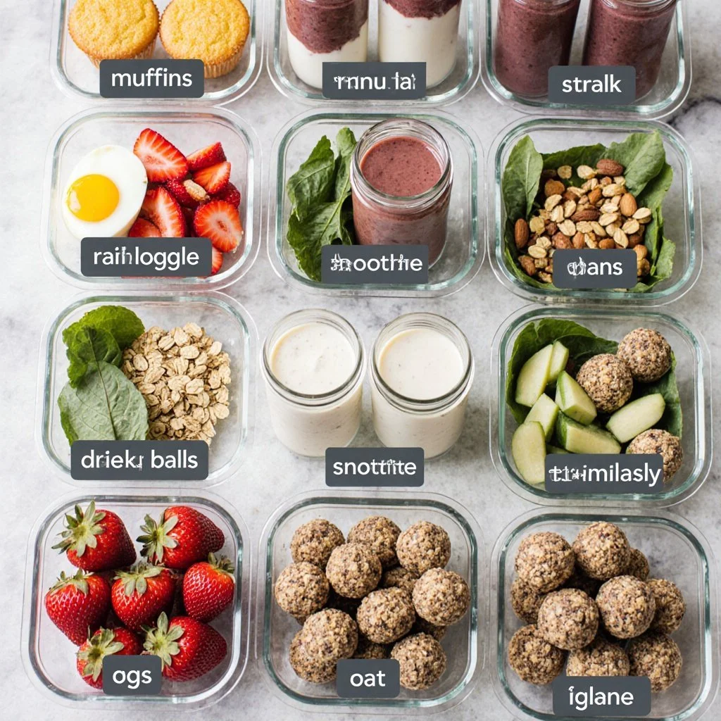 Breakfast Meal Prep 4 Colorful breakfast meal prep containers with healthy ingredients.