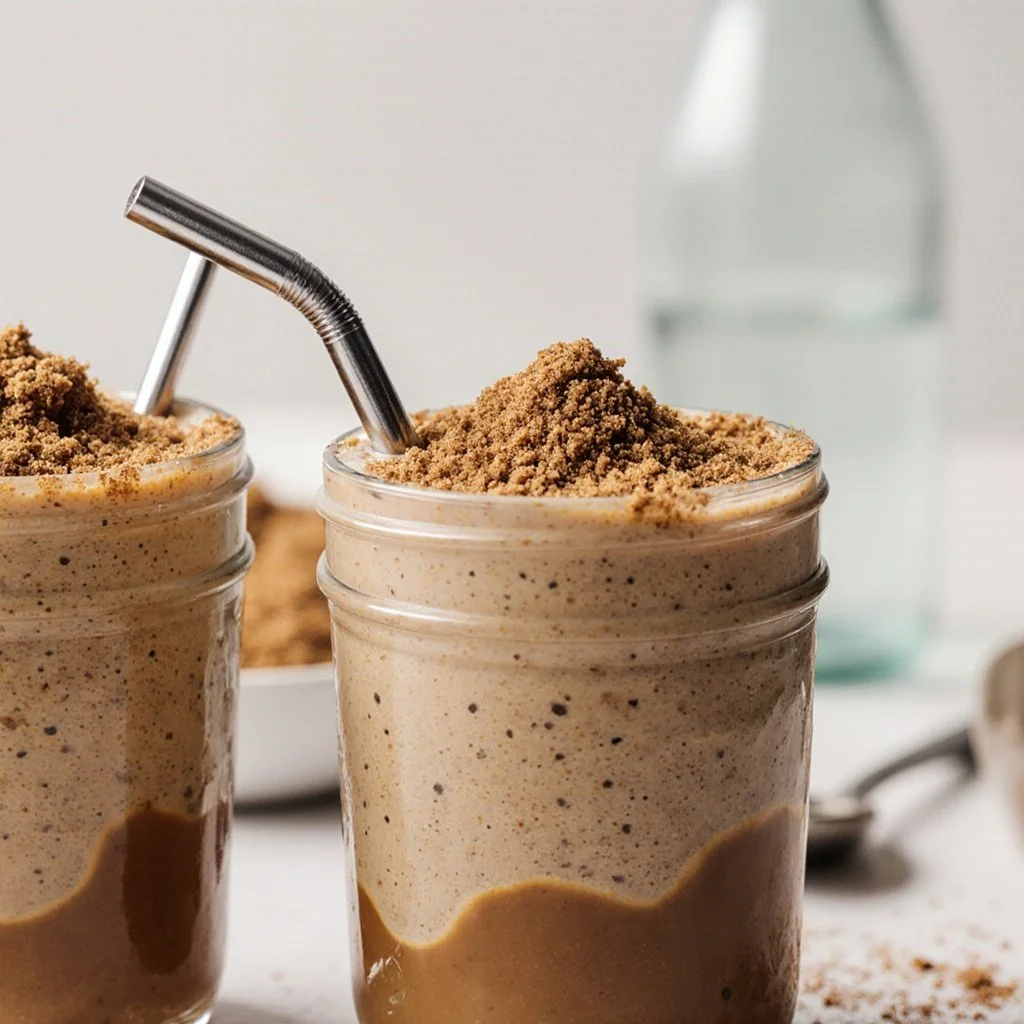 Bowl of Brown Sugar Shaken Espresso Overnight Oats topped with caramel drizzle