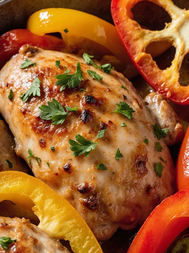 Cheesy baked chicken breast served with colorful peppers on a plate