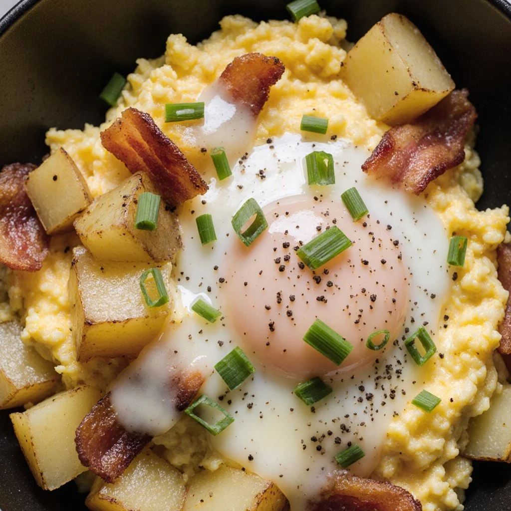 Cheesy potato egg scramble served in a bowl with vibrant garnishes