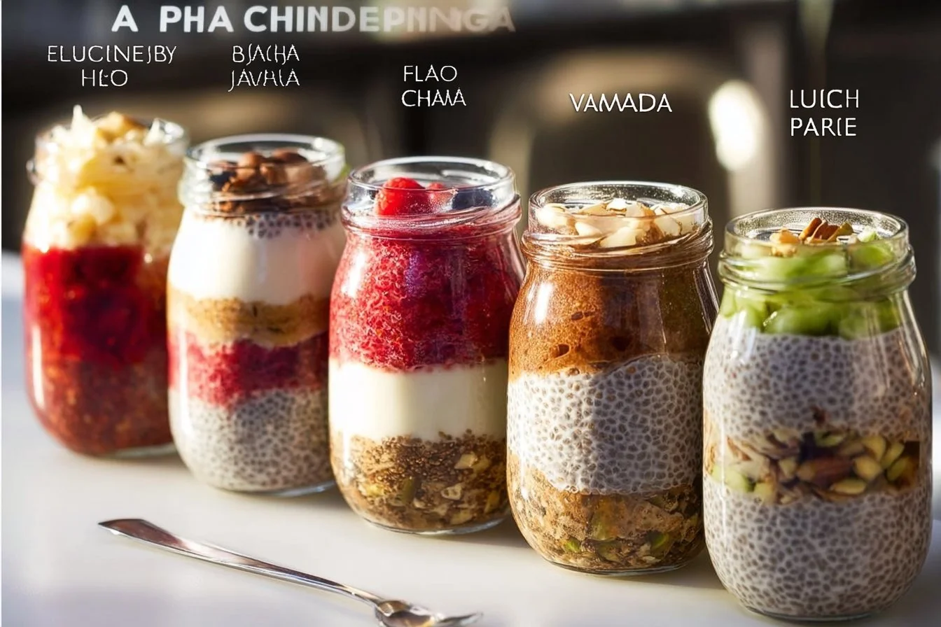 Healthy chia pudding topped with fresh fruits and nuts