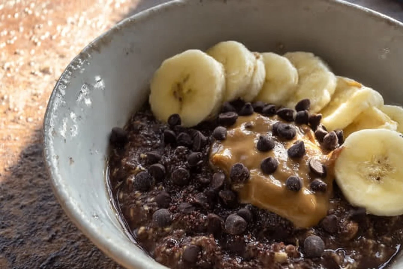 Chocolate Oatmeal 4 Bowl of chocolate oatmeal topped with fruits and nuts for a healthy breakfast
