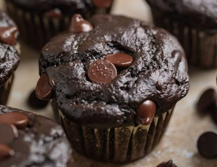 Chocolate Spinach Muffins 4 Freshly baked chocolate spinach muffins on a rustic wooden table