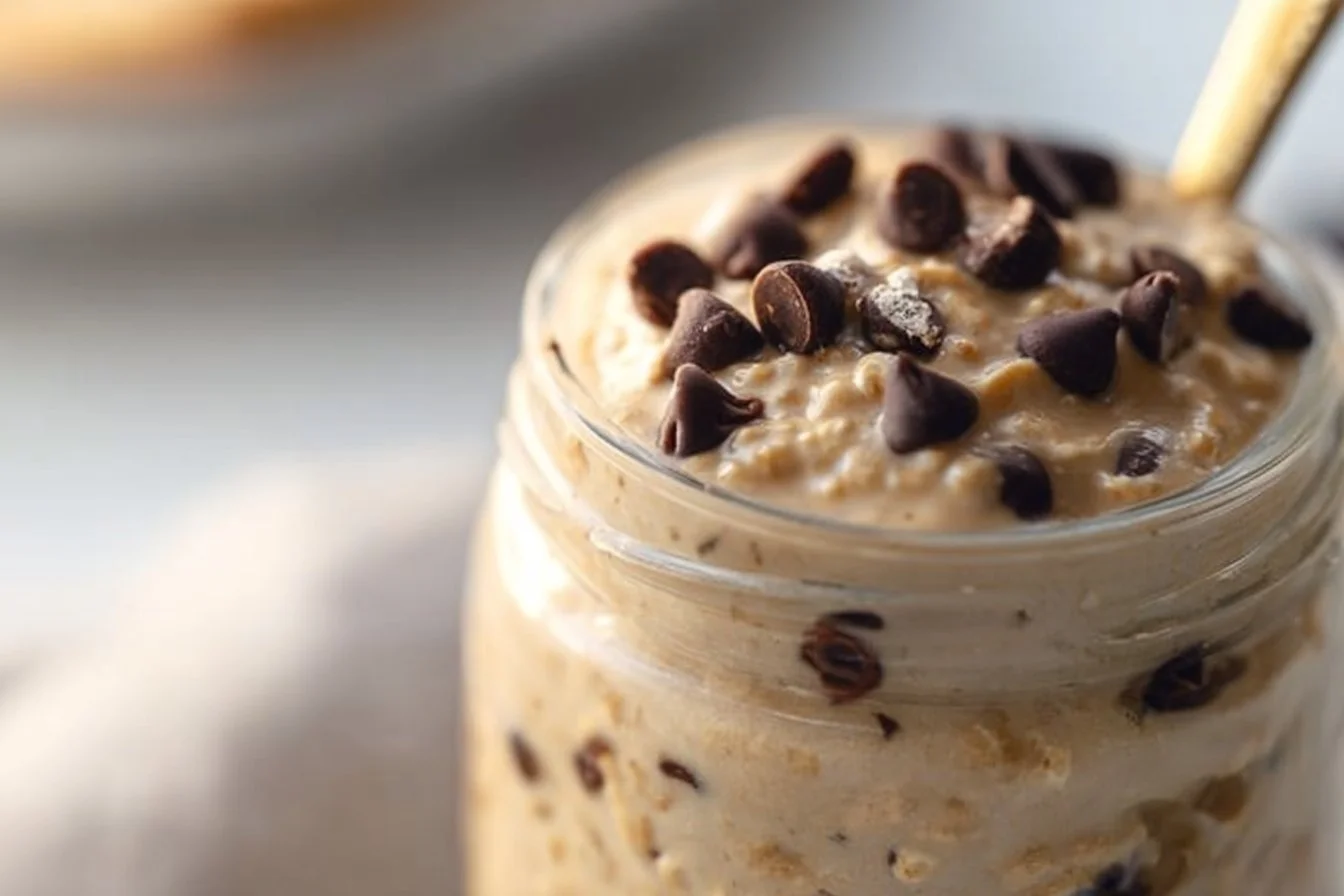 Delicious cookie dough overnight oats topped with chocolate chips and nuts.