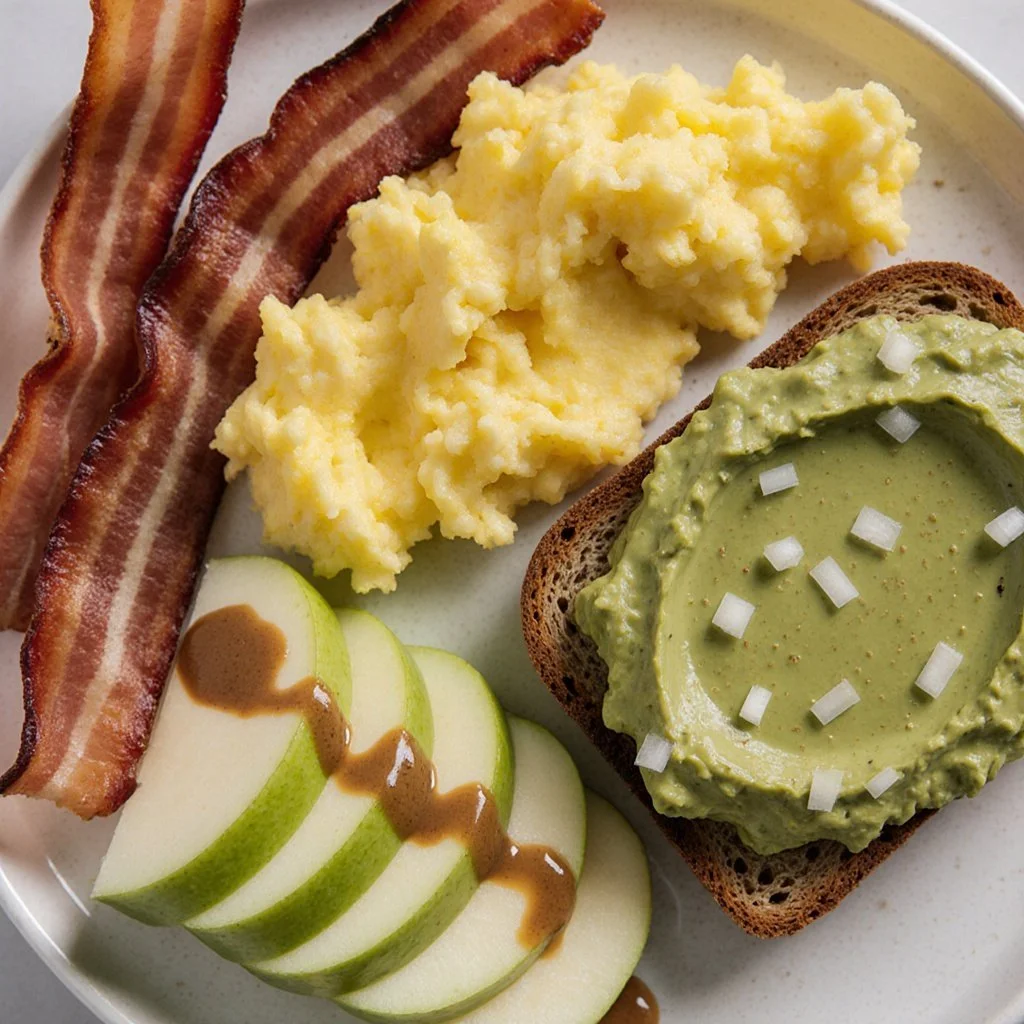 Plate of cottage cheese scrambled eggs garnished with herbs