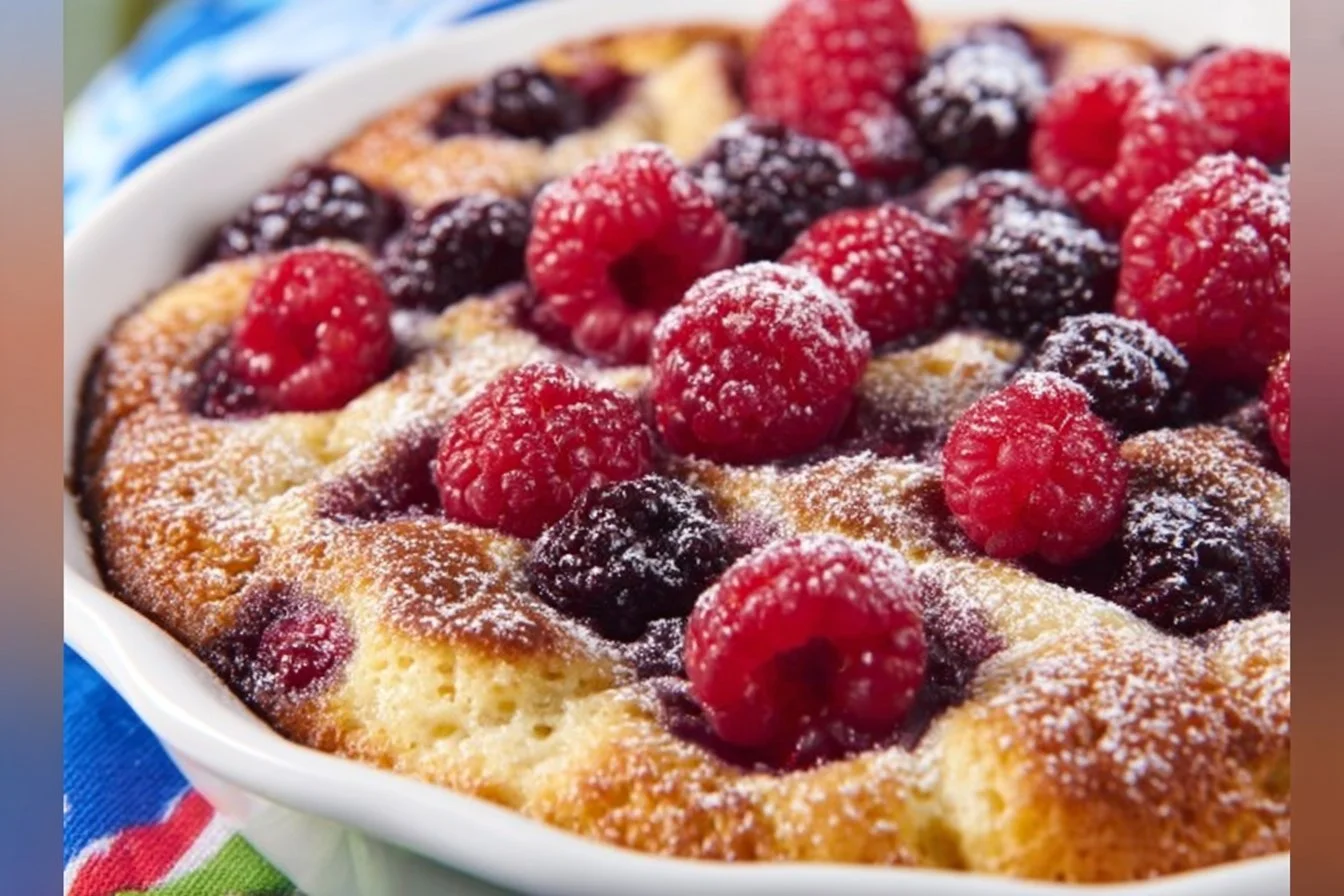 Cottage Cheese Semolina Raspberry Bake 4 Cottage cheese semolina raspberry bake in a dish, garnished with fresh raspberries.