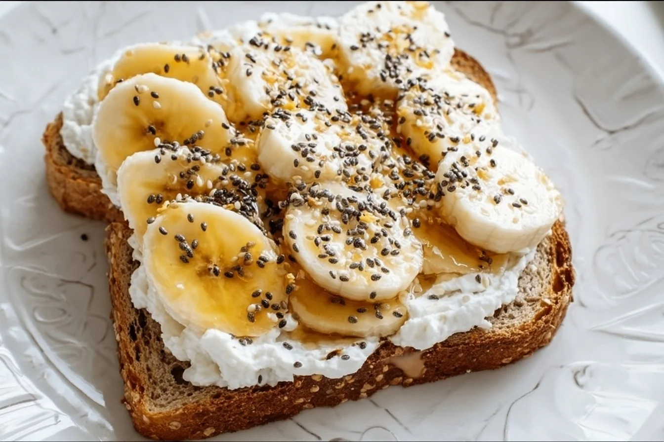 Cottage Cheese Toast with Banana 5 Cottage cheese toast topped with sliced bananas on a plate