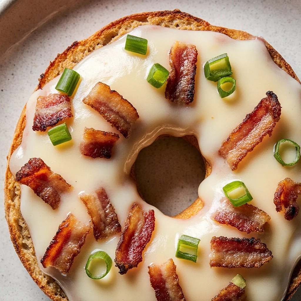 Creamy Bacon Cheddar Bagels 4 Delicious creamy bacon cheddar bagels on a wooden serving board
