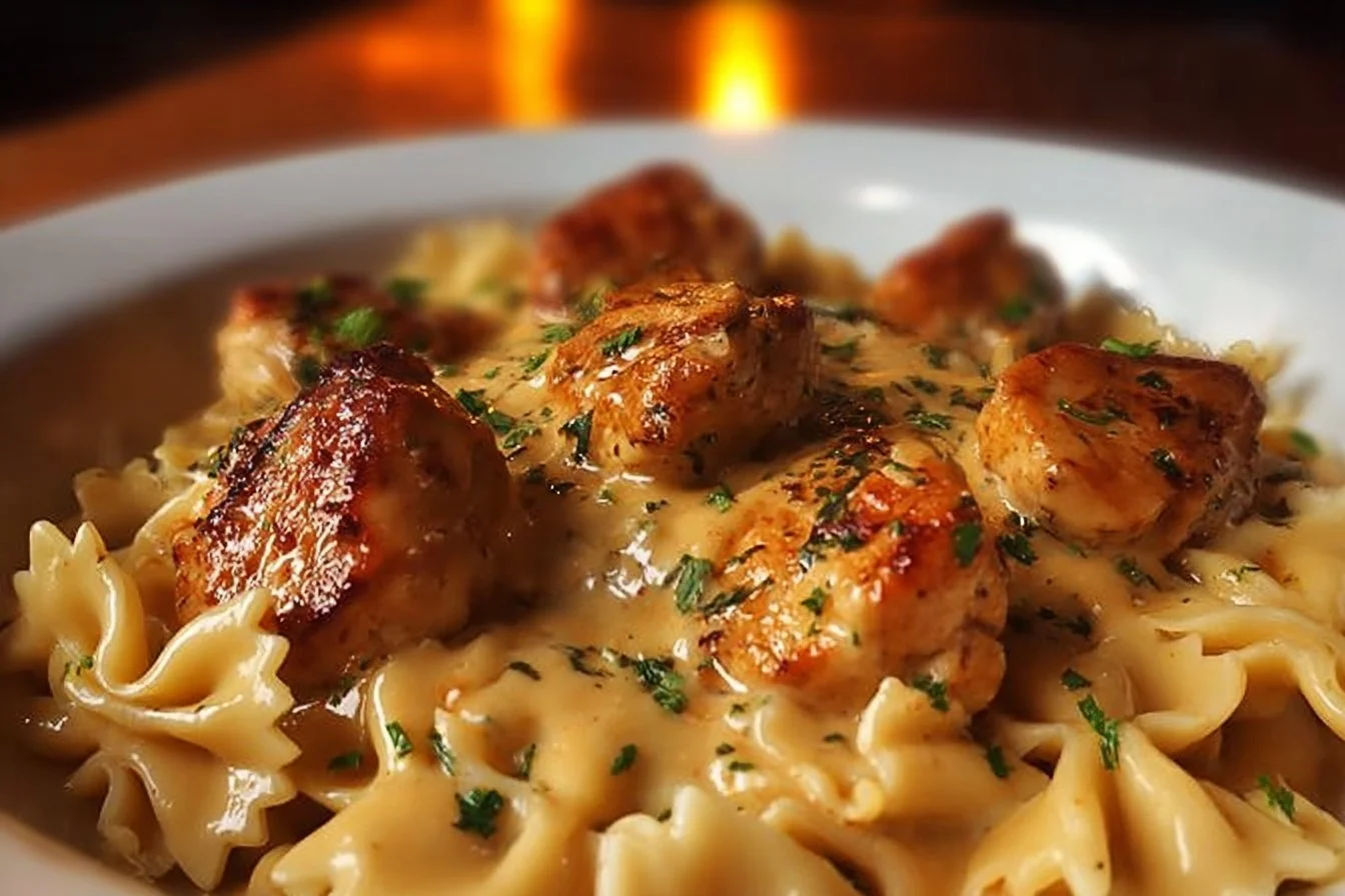 Creamy Marry Me Chicken with bowtie pasta served on a plate