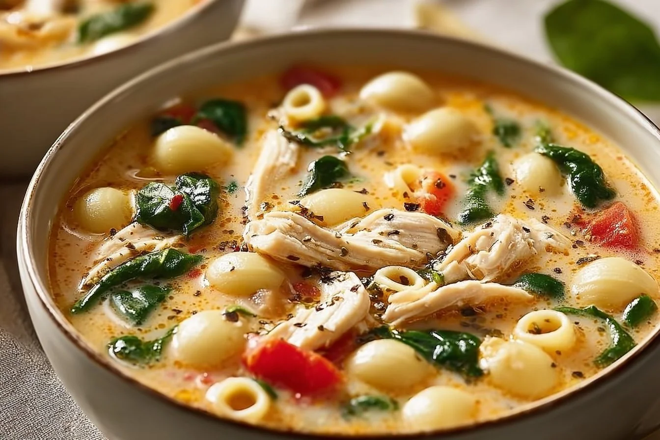 A bowl of creamy Marry Me Chicken soup garnished with herbs and spices.