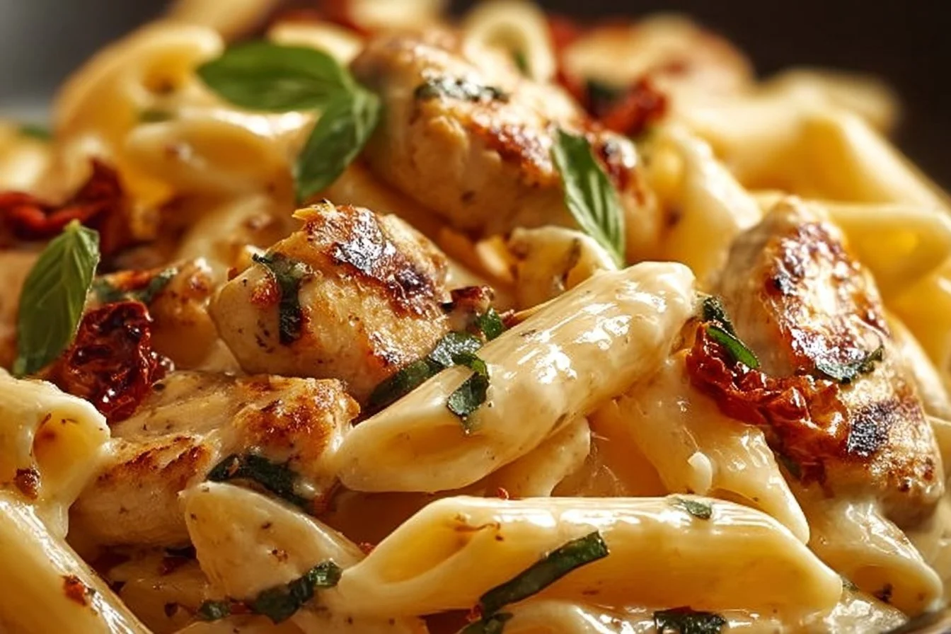 Creamy Sun-Dried Tomato Marry Me Chicken Pasta 1 Creamy Sun-Dried Tomato Marry Me Chicken Pasta dish garnished with herbs