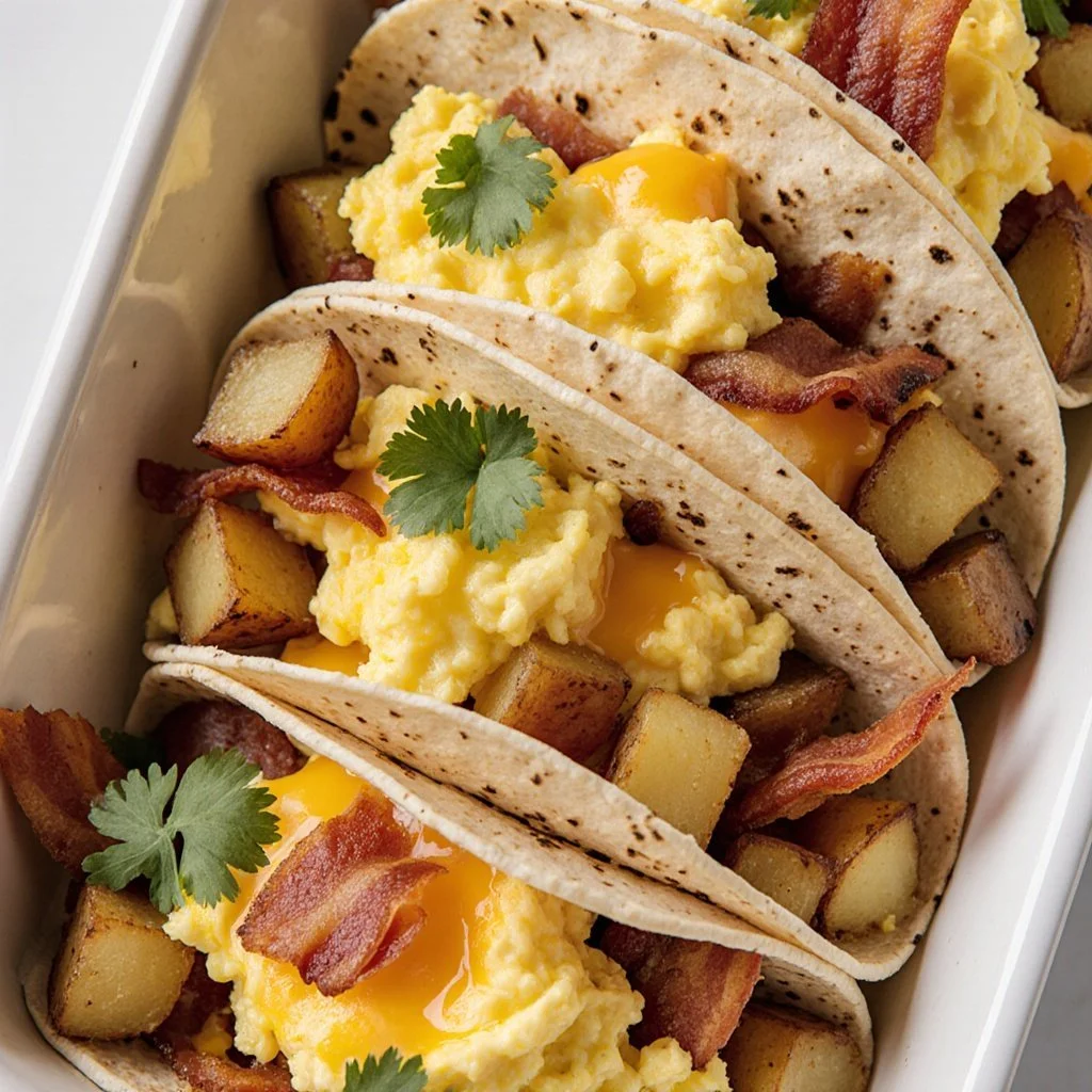 Plated baked breakfast tacos with eggs, cheese, and vegetables