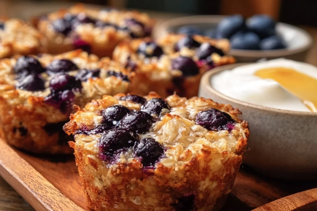Easy Baked Oatmeal Cups with Blueberries 4 Delicious baked oatmeal cups filled with fresh blueberries, perfect for breakfast.