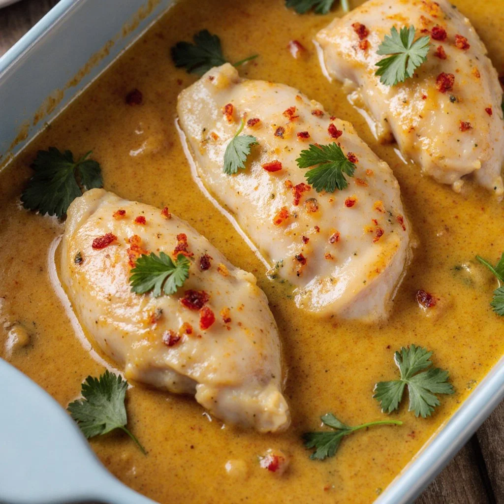 Deliciously baked Bang Bang Chicken topped with creamy sauce