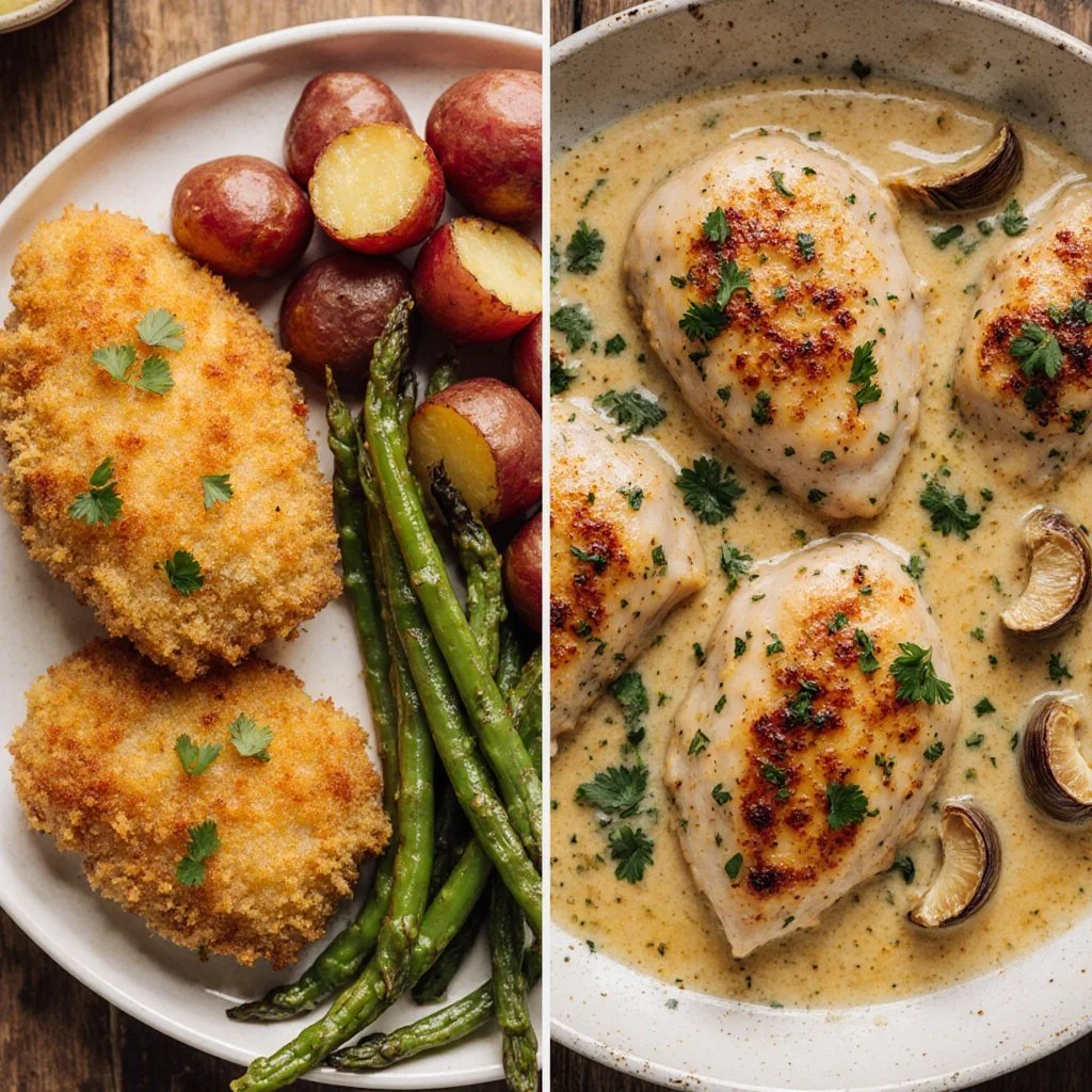 Easy Creamy Chicken Dinner 4 Delicious easy creamy chicken dinner served on a plate with vegetables