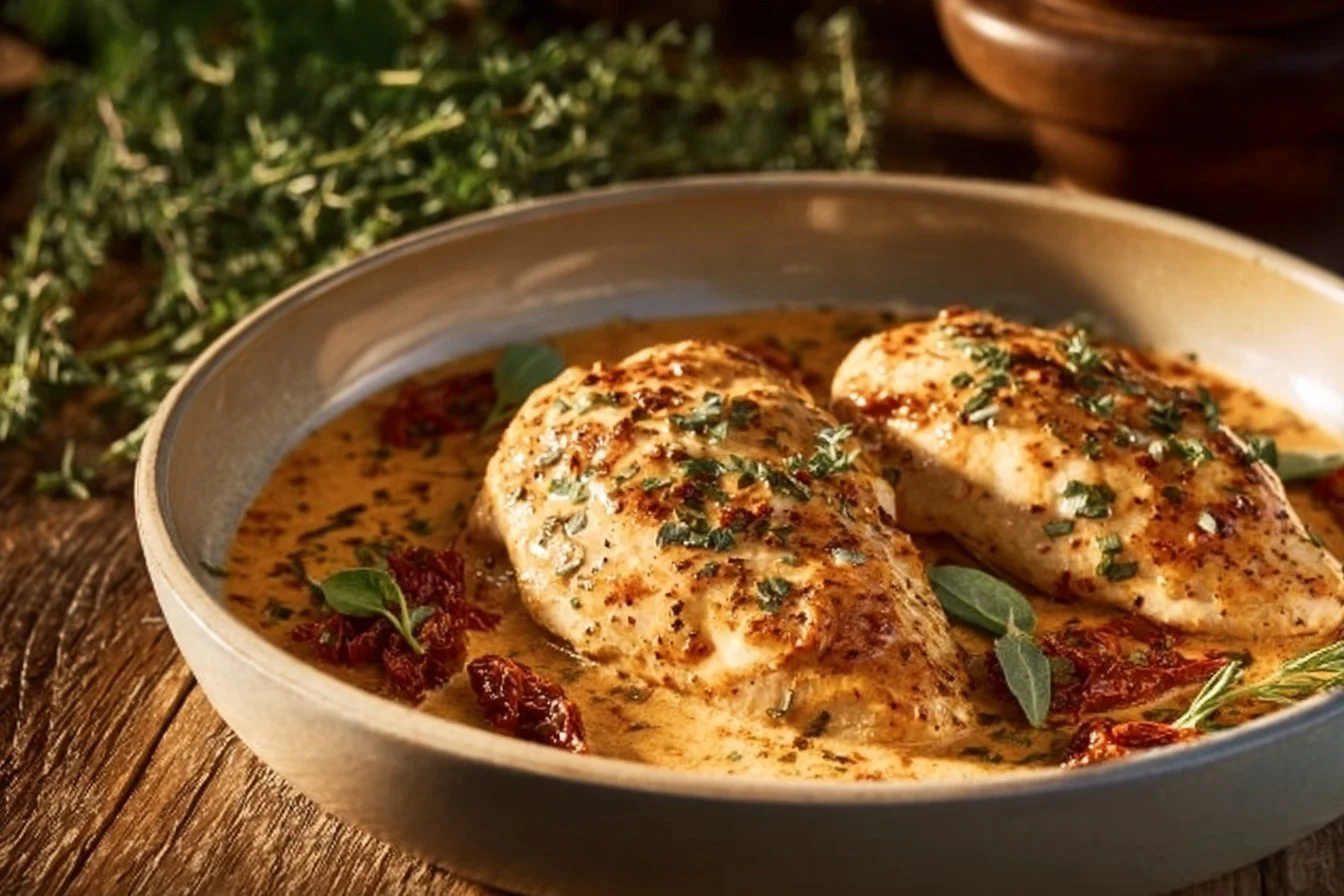 Delicious Easy Marry Me Chicken served with herbs and creamy sauce