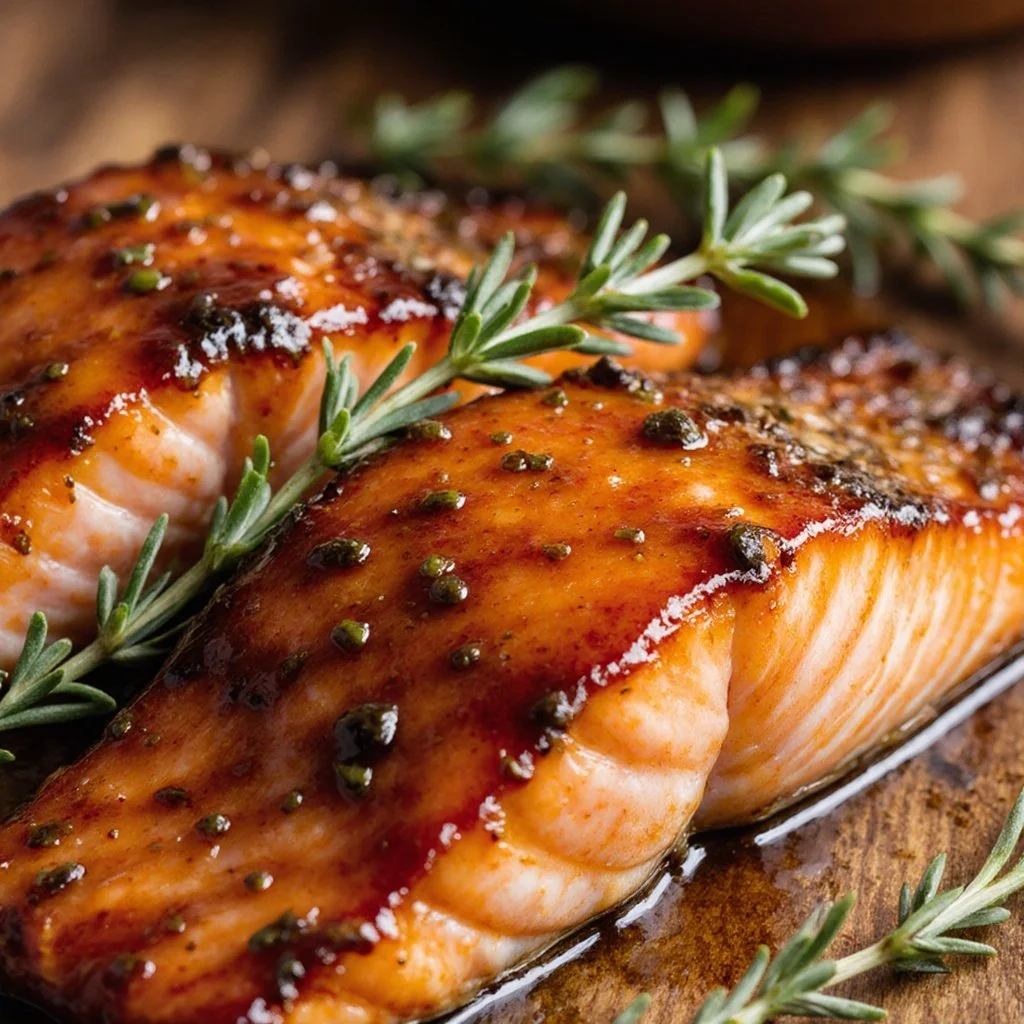 One-pan honey garlic chicken breast garnished with herbs and vegetables