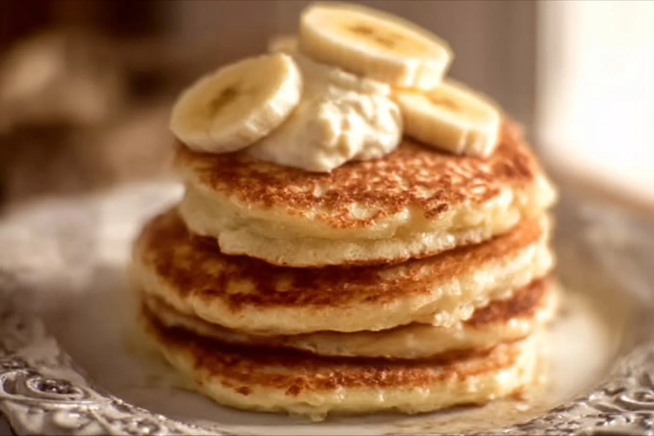 Fluffy banana pancakes made with cottage cheese served on a plate