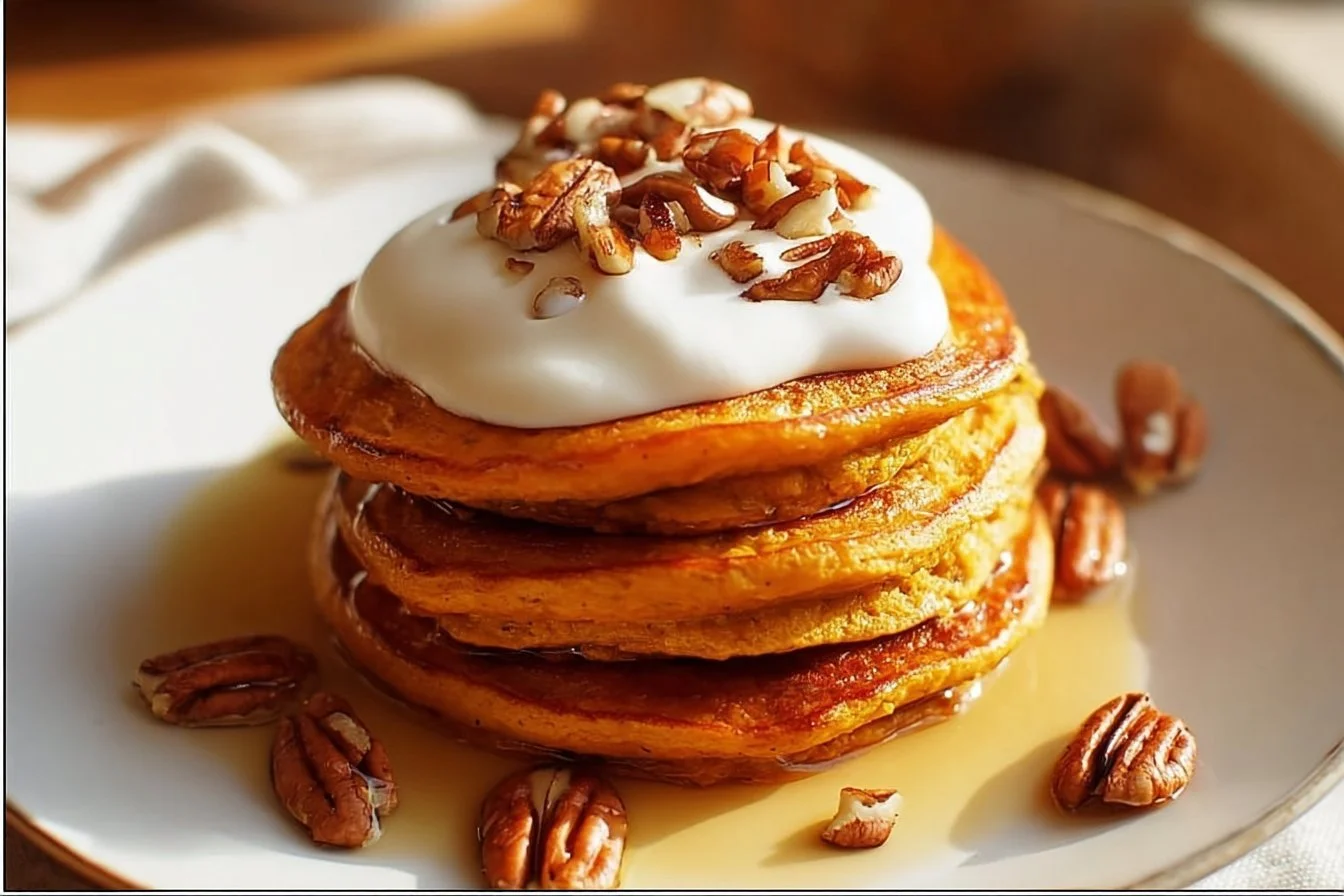 Fluffy sweet potato pancakes stacked on a plate, drizzled with syrup