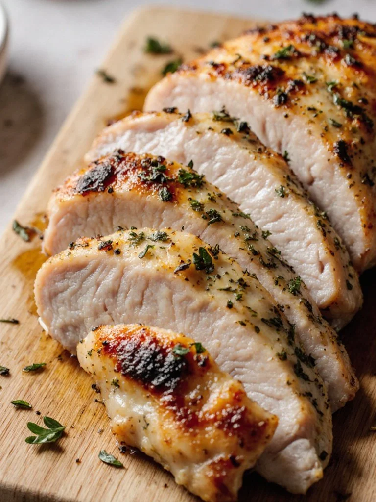 Delicious Garlic Herb Chicken Breast garnished with fresh herbs on a plate.