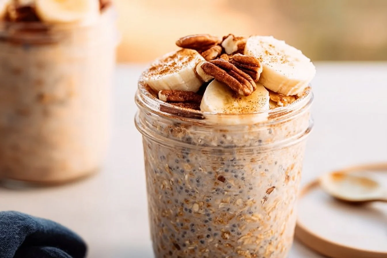 Delicious gluten-free cinnamon banana bread overnight oats topped with bananas