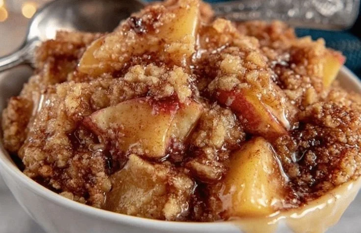 Bowl of healthy apple crumble with oats and cinnamon topping