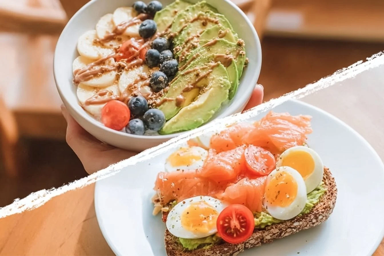 A spread of healthy breakfast ideas including fruits, oatmeal, and smoothies.
