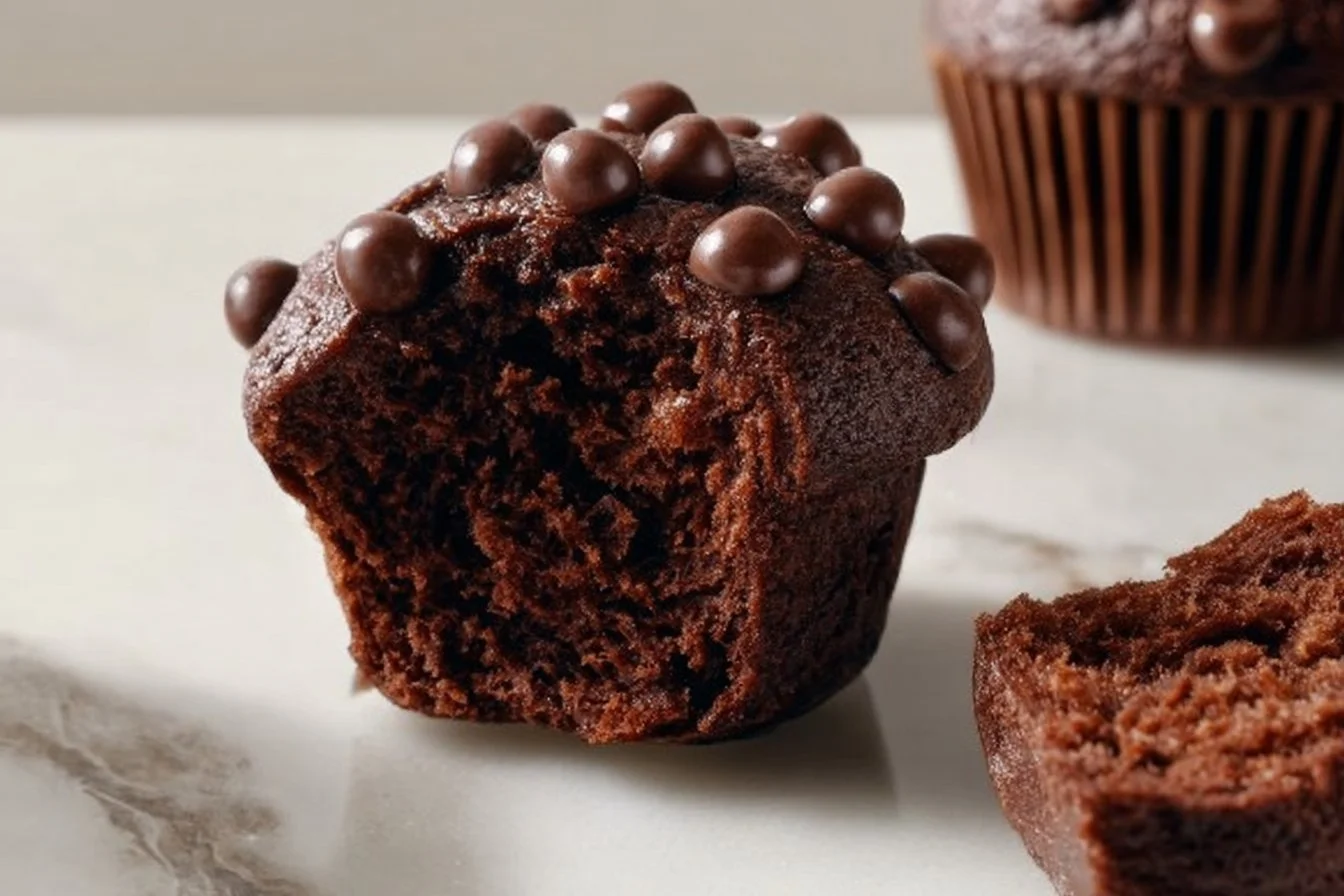 Delicious healthy chocolate chip Greek yogurt muffins on a wooden table.