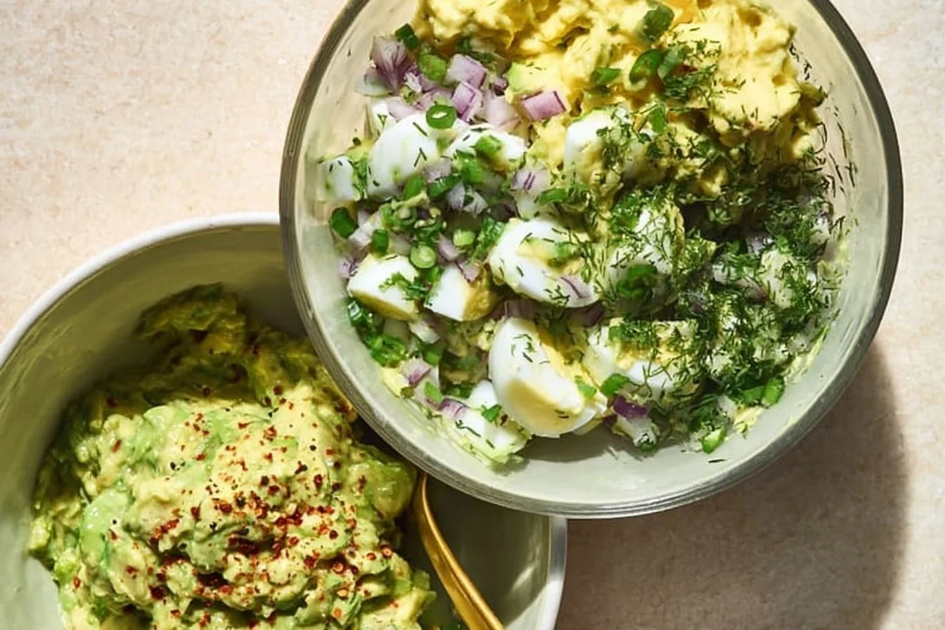 Herby avocado egg salad served in a bowl with fresh herbs on top.