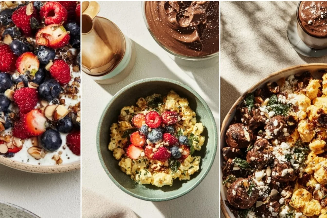 High Protein Breakfasts for Clean Eating 4 Plate of high protein breakfasts for clean eating including eggs and oatmeal.
