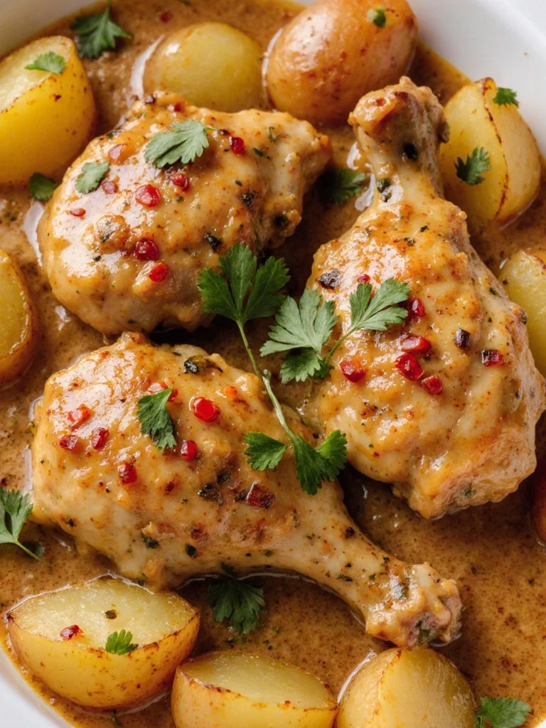High-protein creamy garlic cheesy chicken and potatoes dish served in a bowl.
