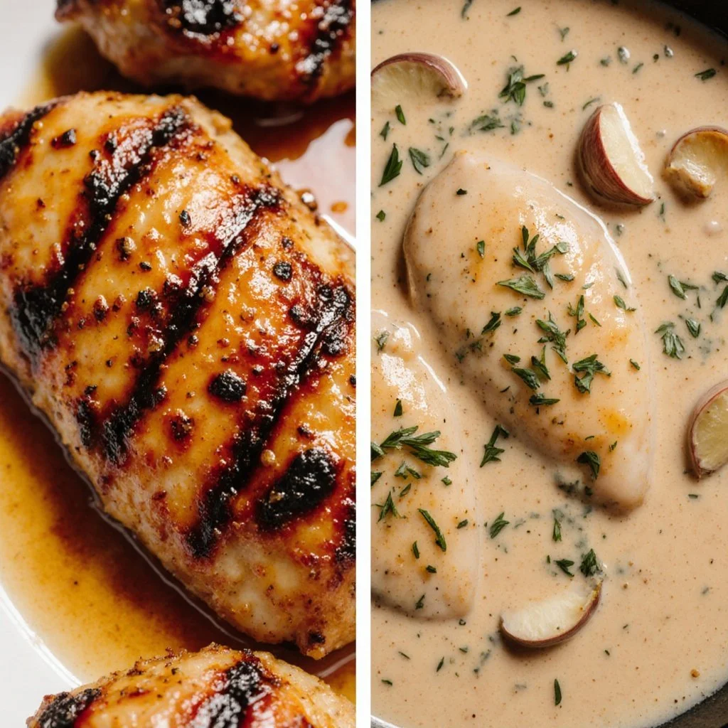 Juicy chicken breasts cooked to perfection on a wooden cutting board.