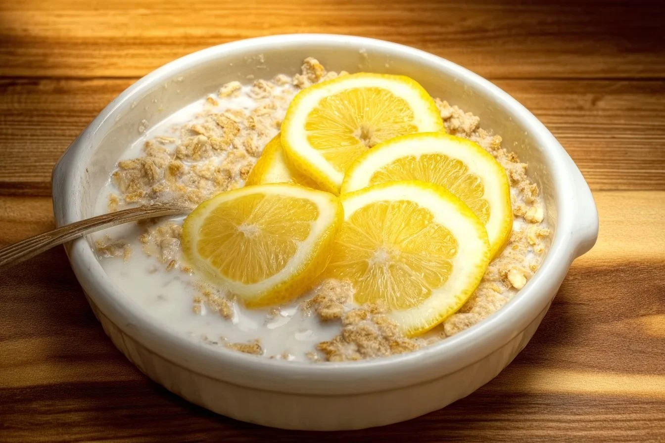 Lemon Baked Oats 4 Bowl of lemon baked oats topped with lemon slices and berries, healthy breakfast.