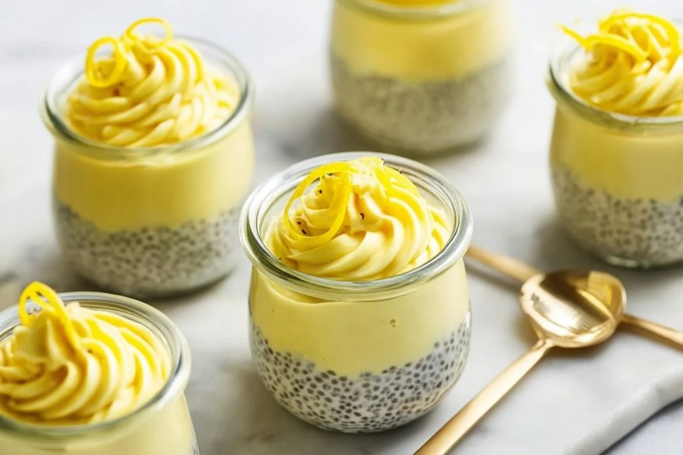 Delicious lemon cream chia pudding served in a bowl with fresh lemon slices.