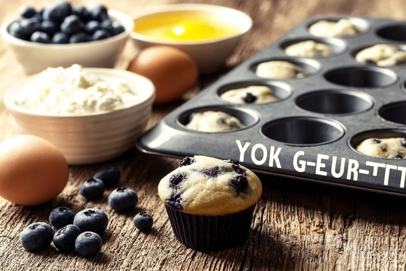 Low carb Greek yogurt blueberry muffins on a plate