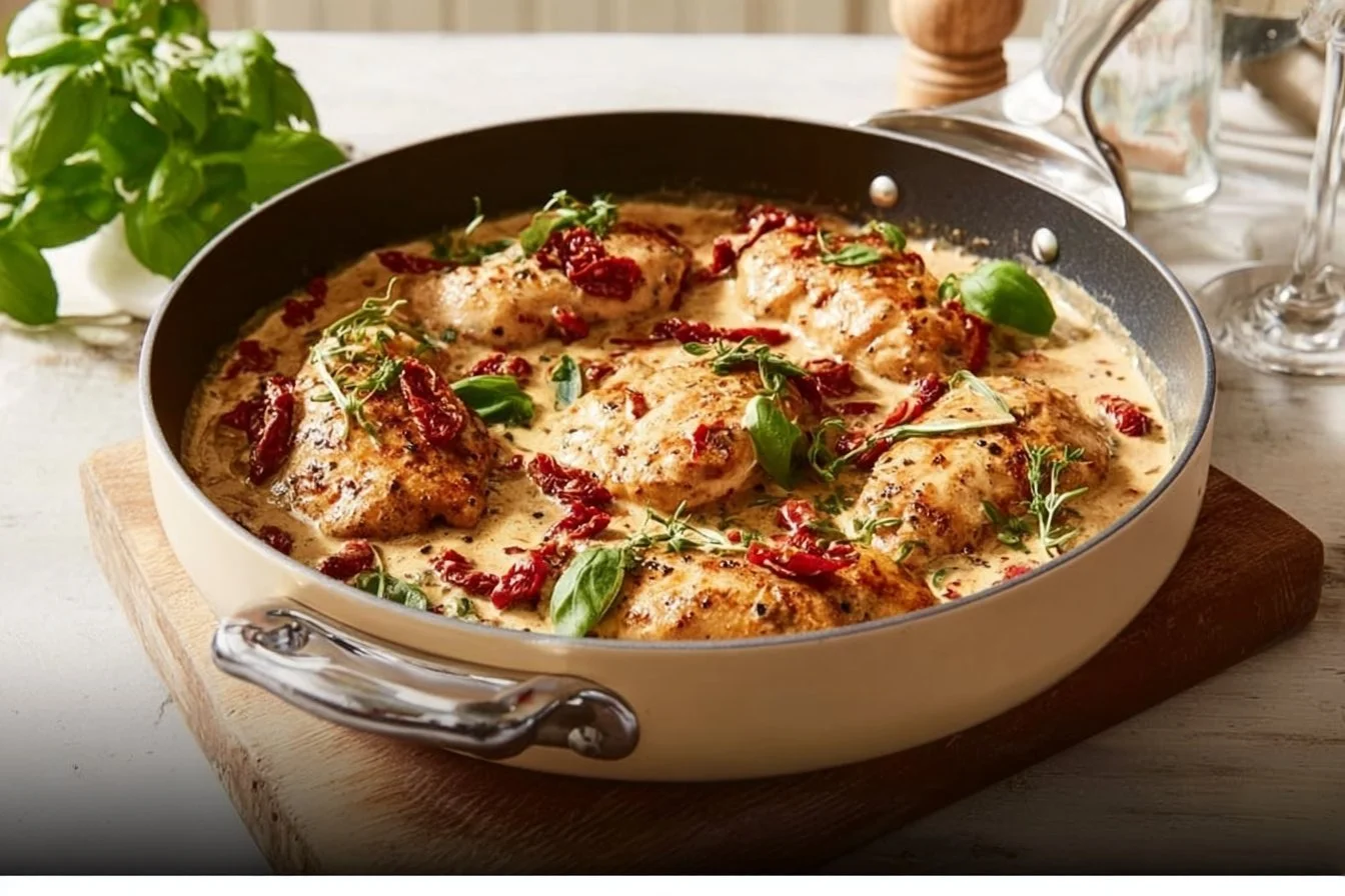 Creamy Marry Me Chicken served with herbs and a side of pasta