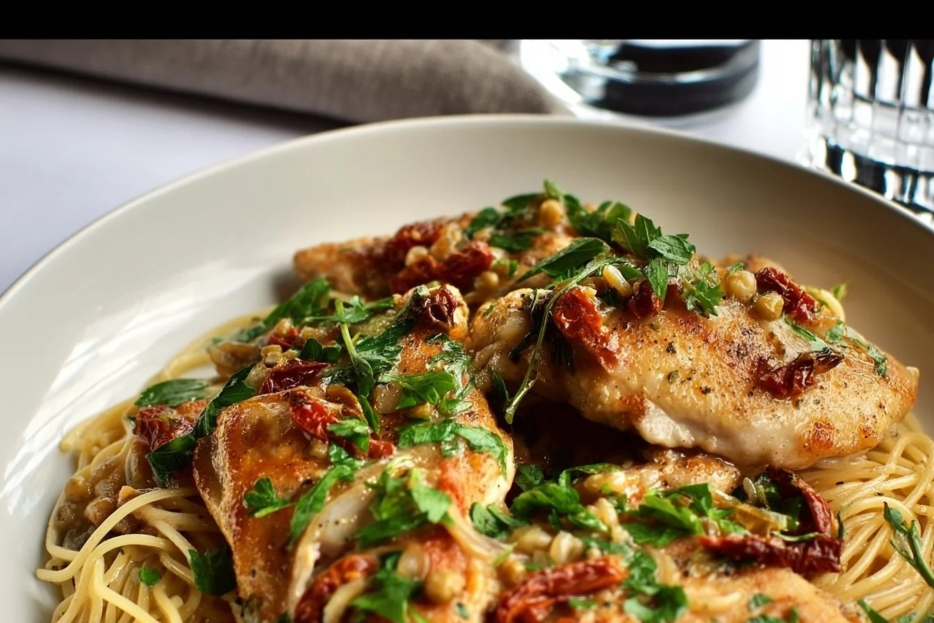 A plate of Marry Me Chicken garnished with herbs and served with pasta.