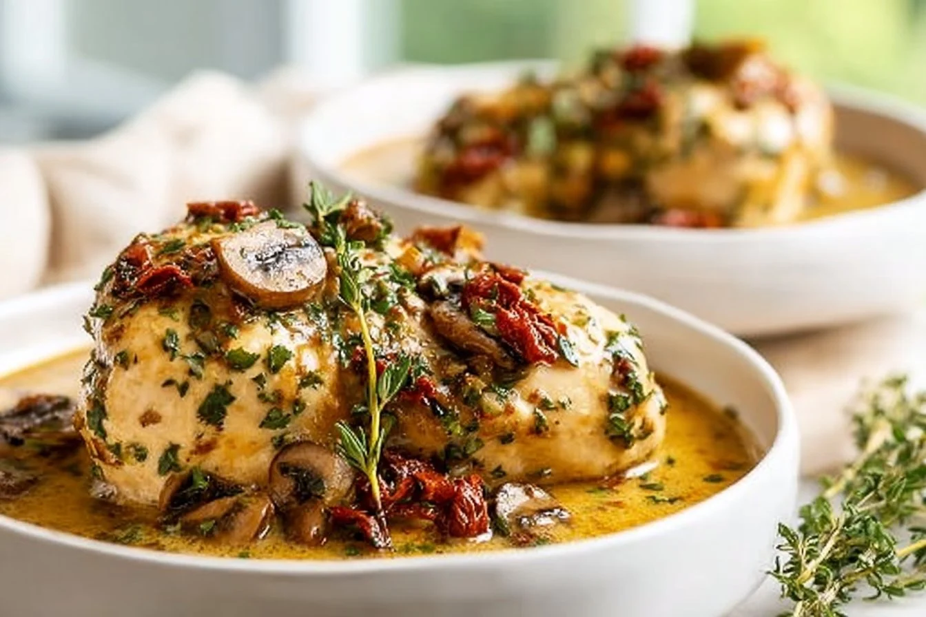 Marry Me Chicken 1 Delicious Marry Me Chicken dish served on a plate, garnished with herbs.