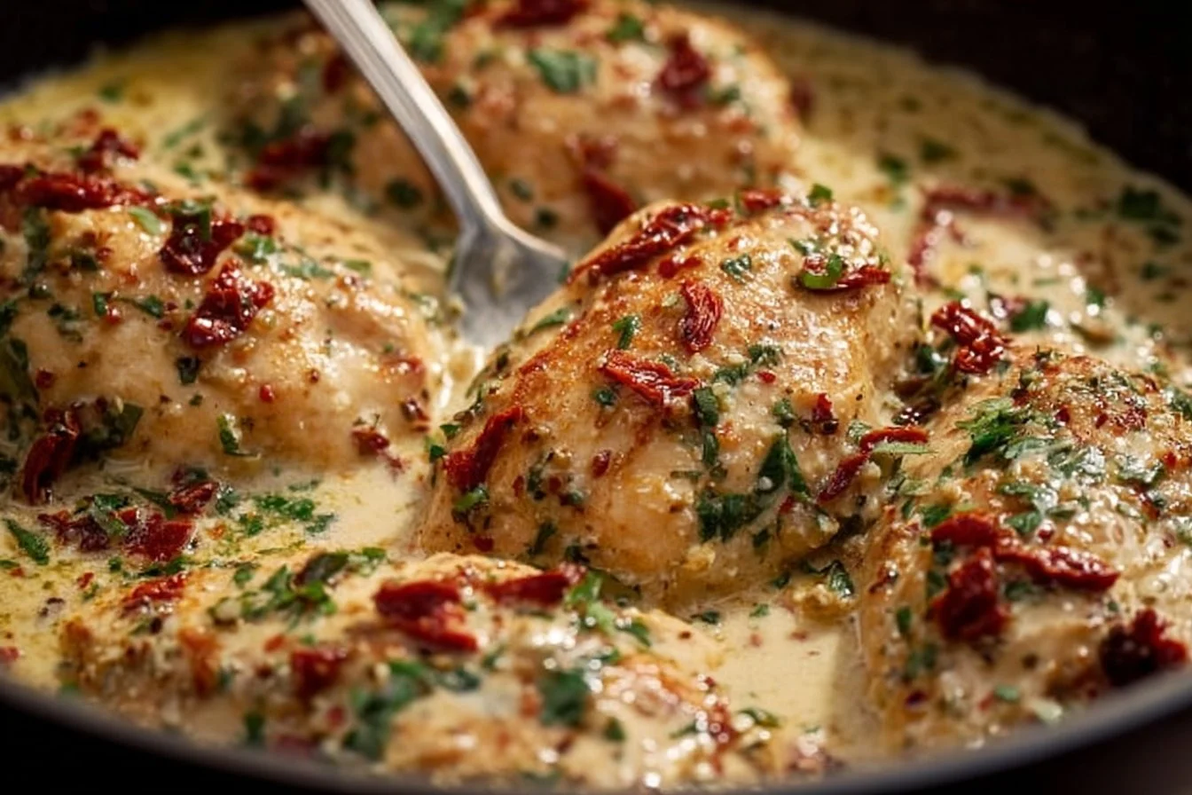 Delicious Marry Me Chicken dish served on a plate with herbs.