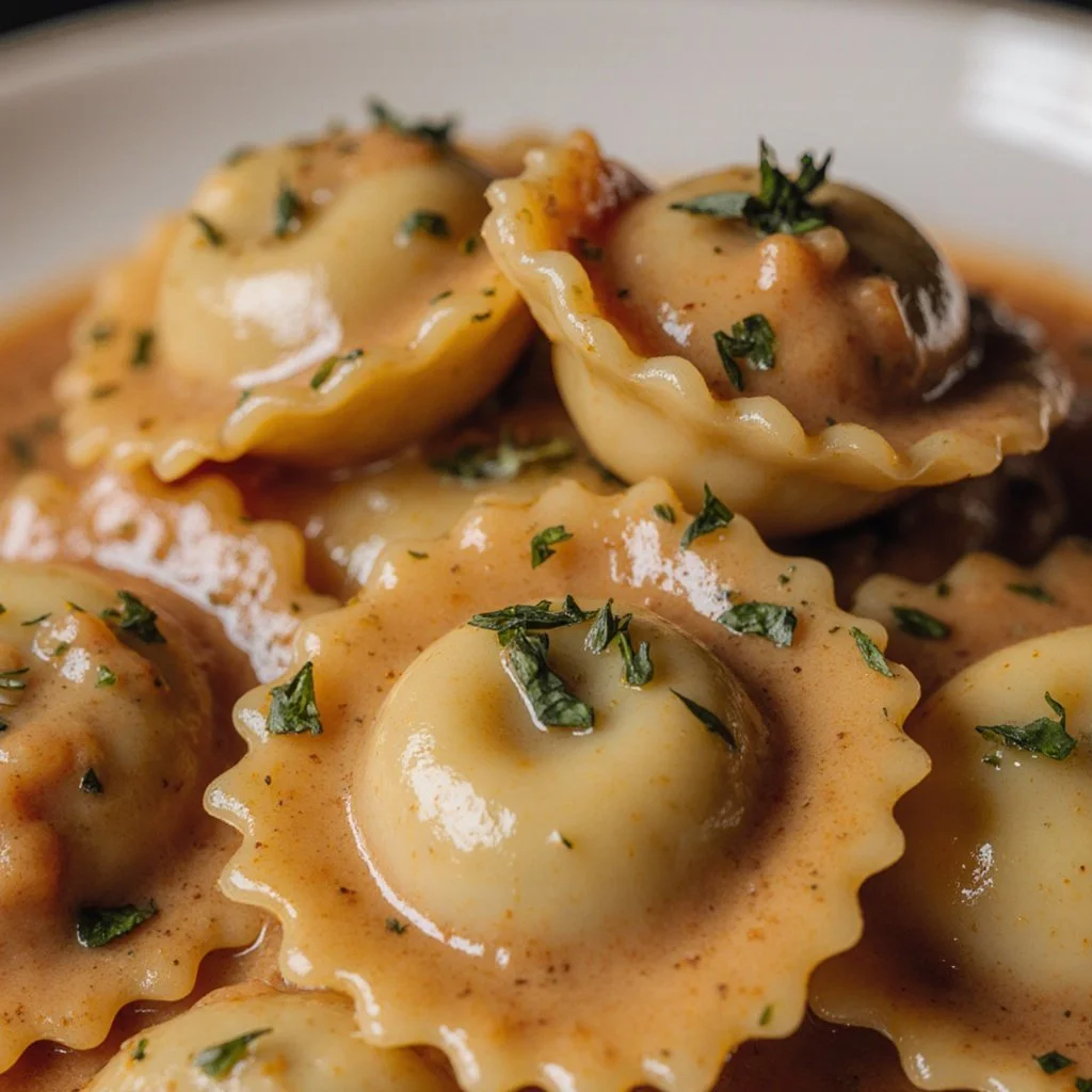 Delicious Marry Me Chicken served with homemade ravioli on a plate.